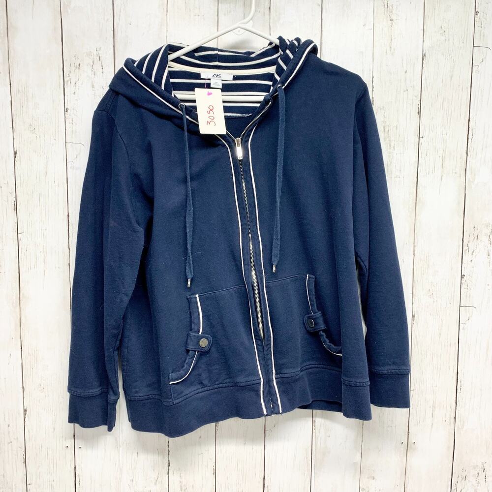 AK Anne Klein Sport Sweater Women Size 2X Navy Blue Hooded Full Zip Long Sleeve